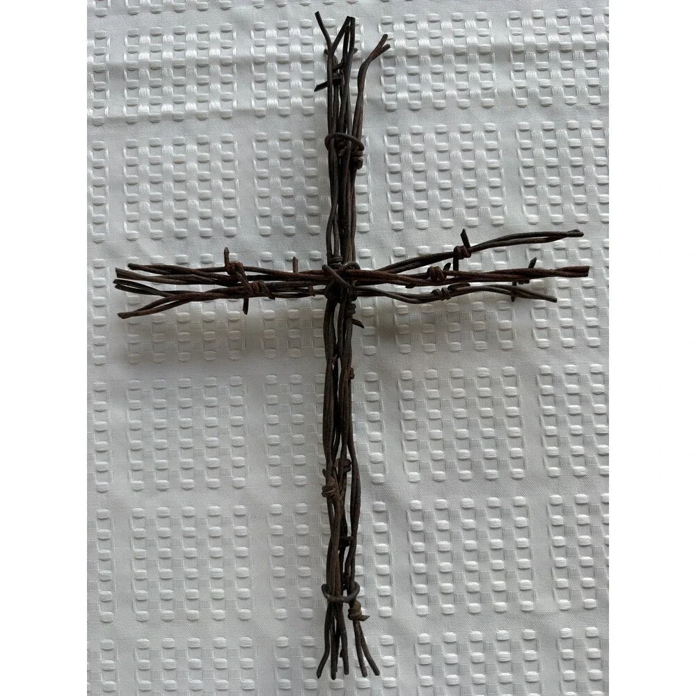 Authentic Reclaimed Barbed Wire Cross - Vintage Rusty Metal Christian Wall Art.